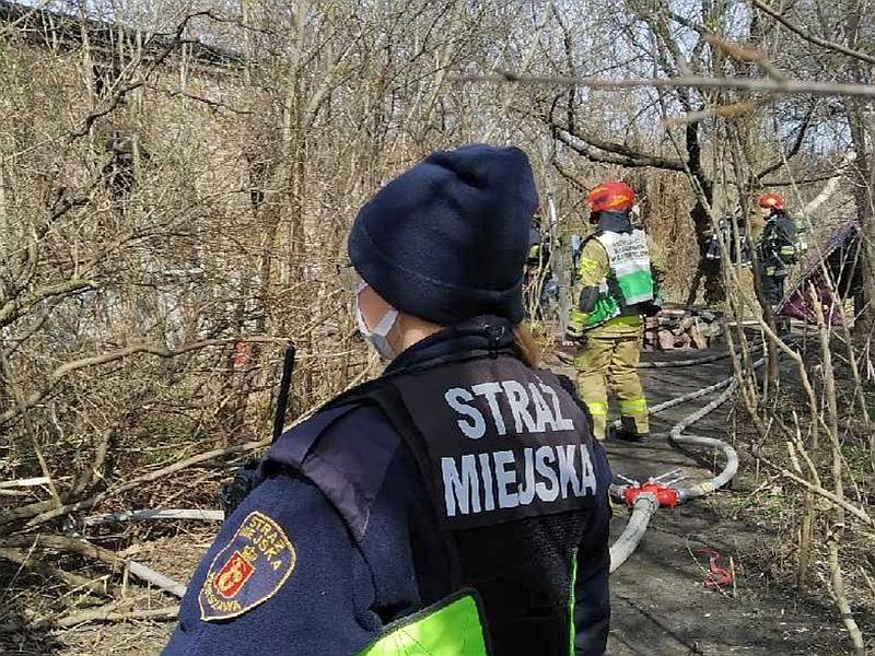 Strażniczka miejska na miejscu pożaru. W tle pracujący strażacy.