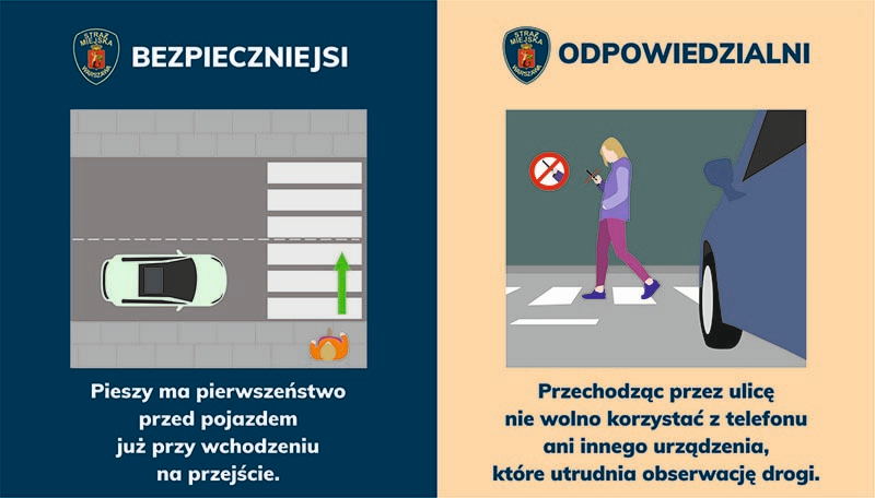 Infografika dotycząca nowych przepisów- po lewej nagłówek "Bezpieczniejsi" z rysunkiem samochodu przed przejściem dla pieszych i pieszego wchodzącego na pasy, niżej napis "Pieszy ma pierwszeństwo przed pojazdem już przy wchodzeniu na przejście"; po prawej nagłówek "Odpowiedzialni" z rysunkiem pieszej przechodzącej przez jezdnię i wpatrzoną w telefon, niżej napis "Przechodząc przez telefon nie wolno korzystać z telefonu ani innego urządzenia, które utrudnia obserwację drogi". 