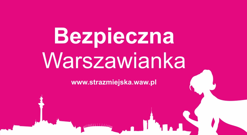 Ciemnoróżowy baner akcji "Bezpieczna Warszawianka": na dole białe kontury warszawskich budynków, po prawej stronie sylwetka kobiety z superbohaterską peleryną.