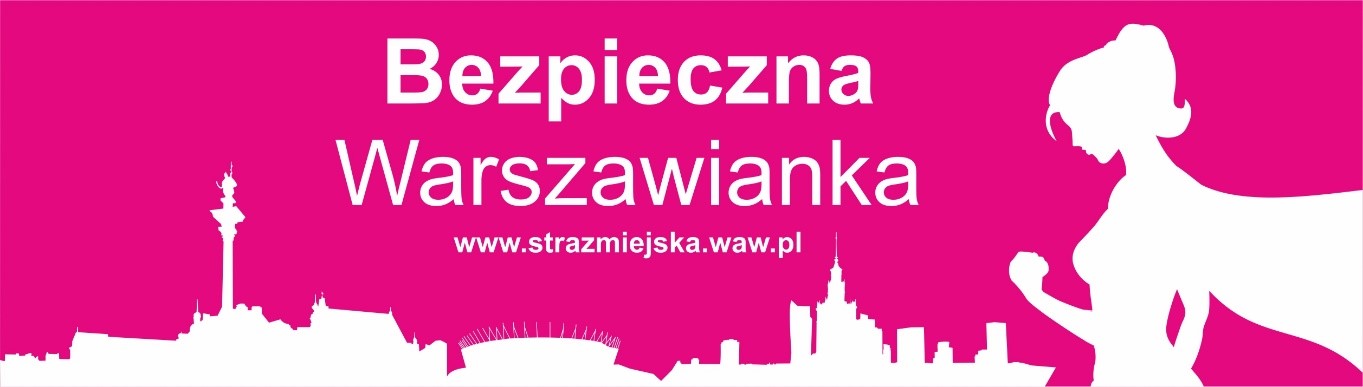 Ciemnoróżowy baner akcji "Bezpieczna Warszawianka": na dole białe kontury warszawskich budynków, po prawej stronie sylwetka kobiety z superbohaterską peleryną.