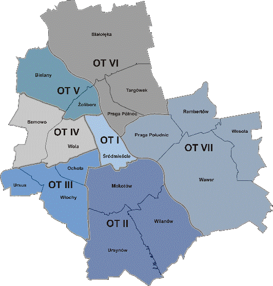 Infografika: mapa Warszawy z podziałem na Oddziały Terenowe Straży Miejskiej