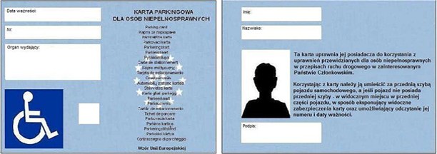 Wzór karty parkingowej - awers i rewers